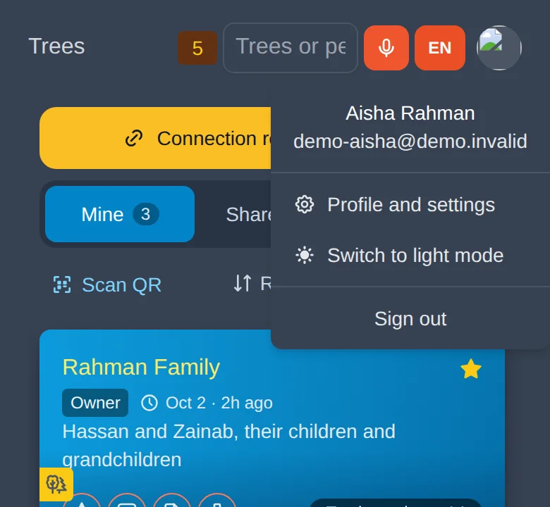 The account menu