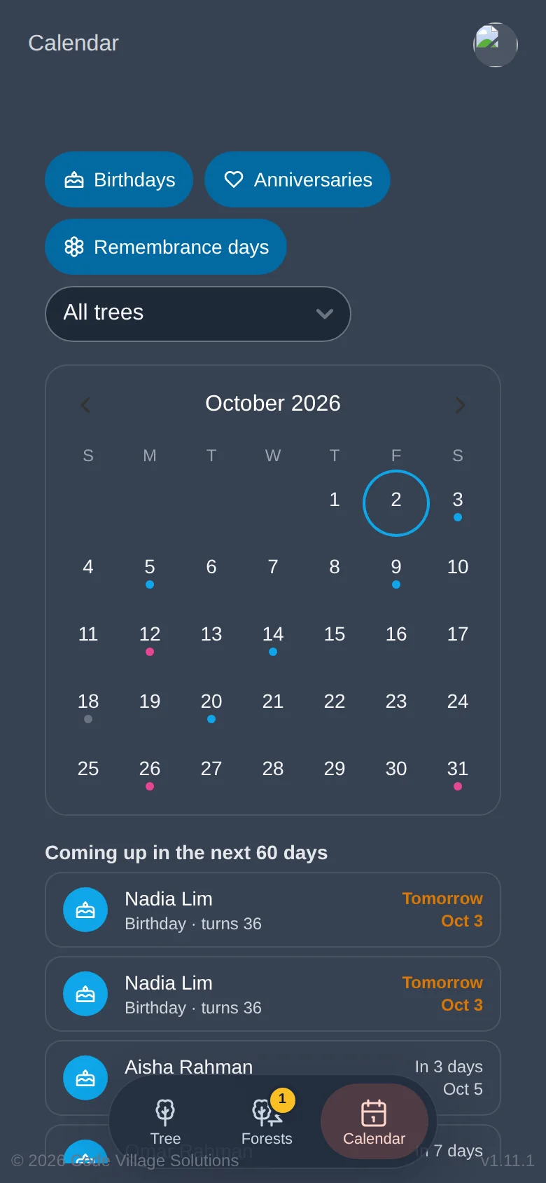 The calendar: filters at the top, the month, and what is coming up