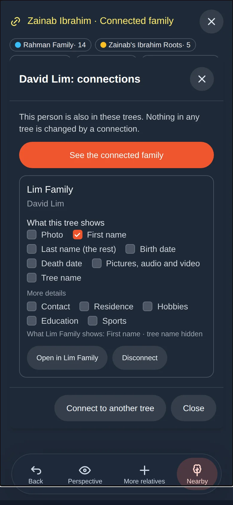 A person's connections: which tree, and what each shows