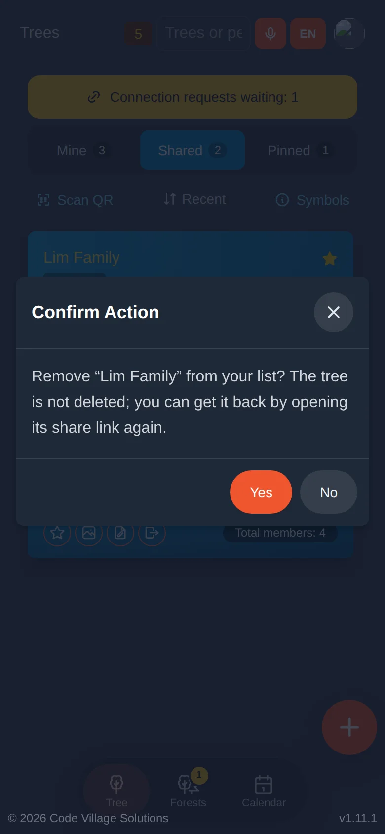 "Remove 'Lim Family' from your list?" The tree itself is not deleted