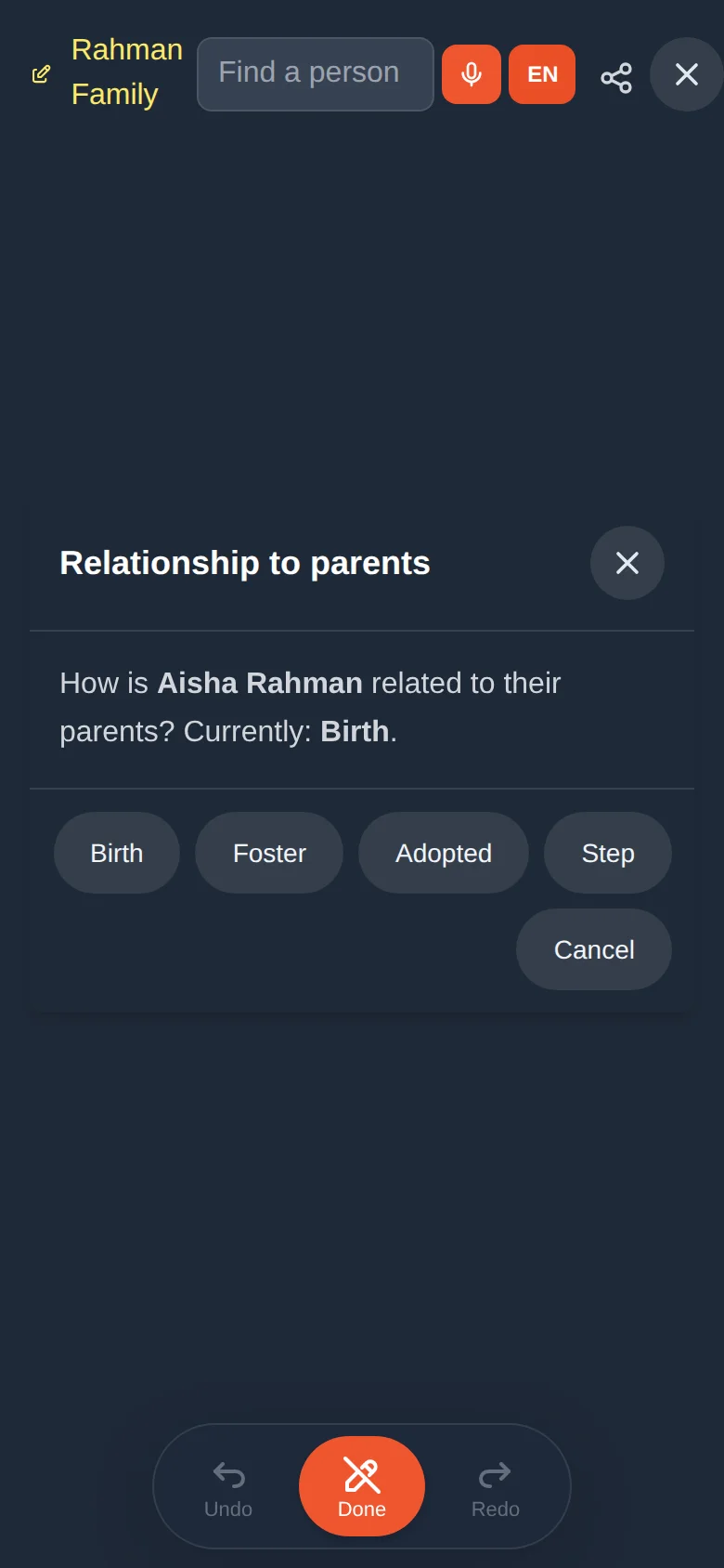 Choose how the person relates to their parents