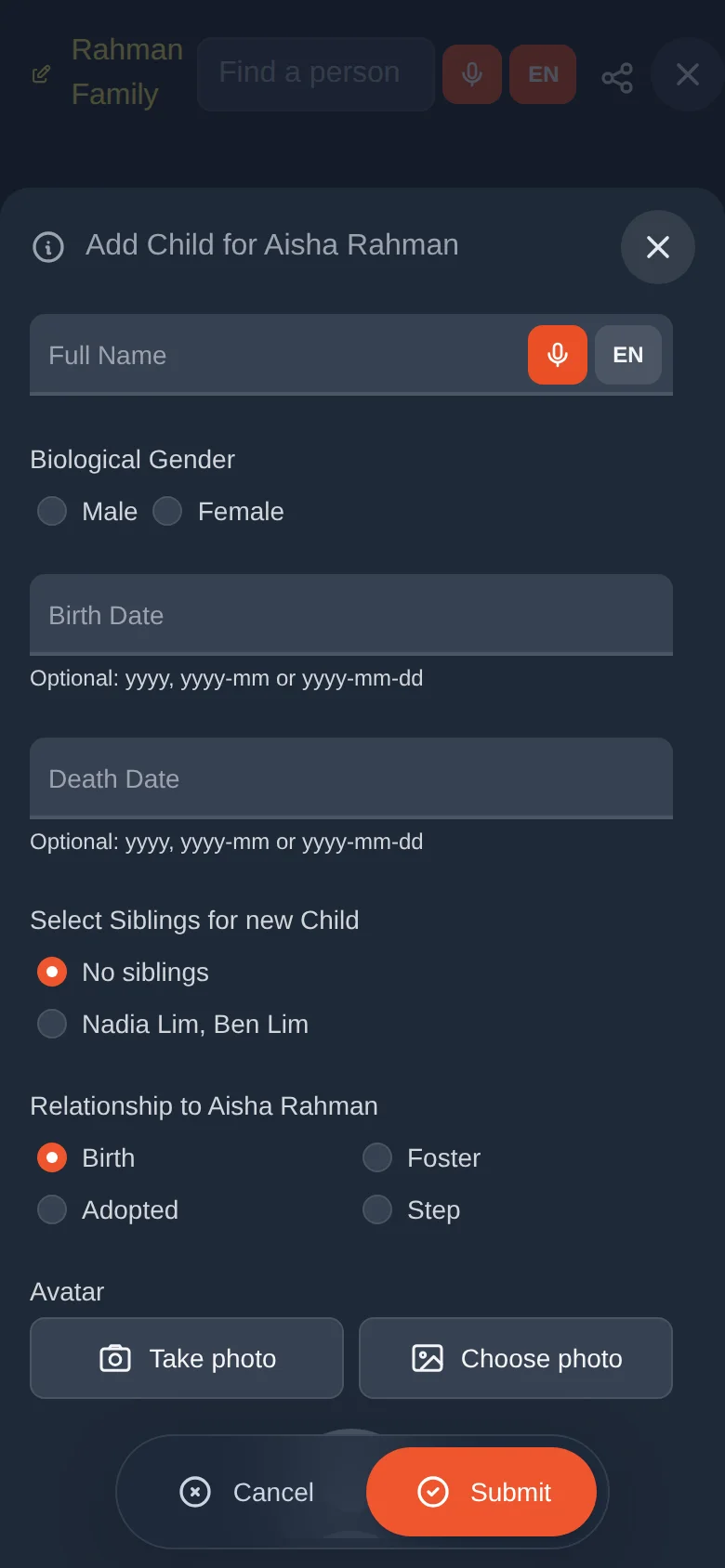 Add Child, with the siblings choice, the relationship choice and the avatar