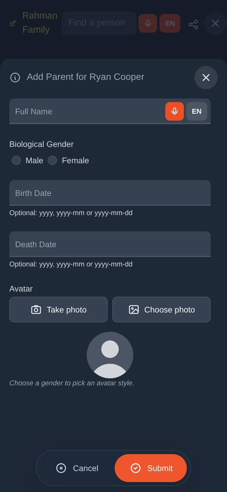 Add Parent for Ryan Cooper. With no parent yet, you choose the gender.