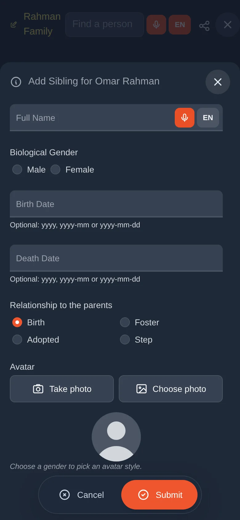 The form for a new brother or sister. The parents are taken from the person you selected.
