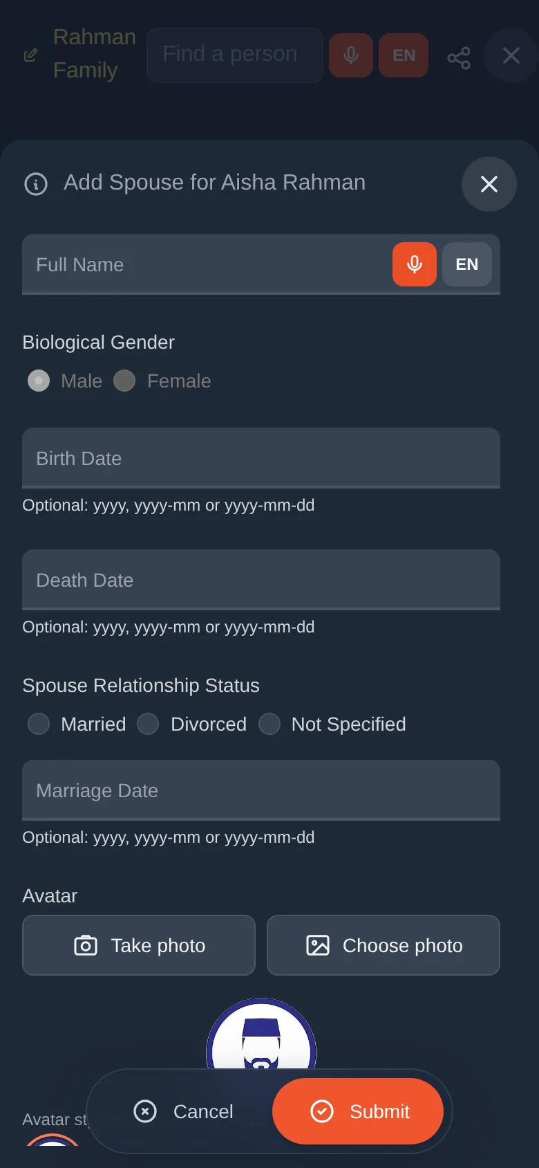 Add Spouse: status, marriage date, and avatar