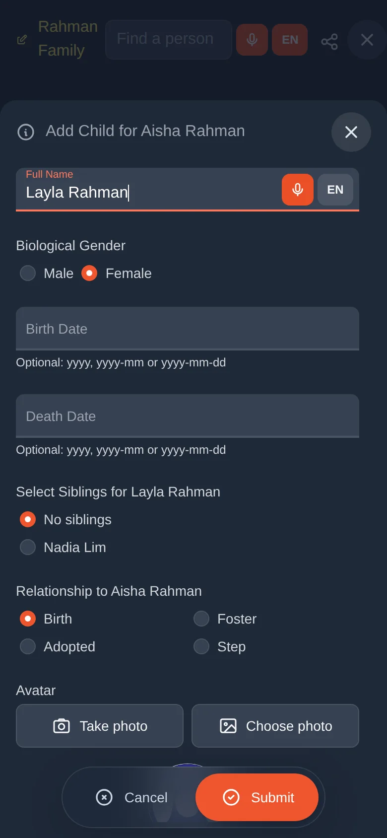 Filled in: name and gender are enough to begin