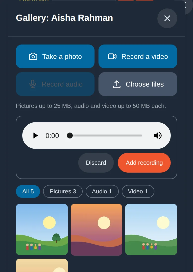 Listen first, then Add recording or Discard