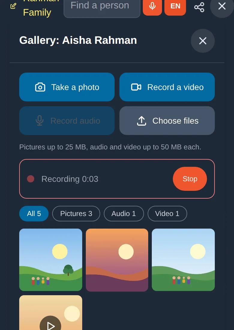 Recording audio: the timer runs until you tap Stop