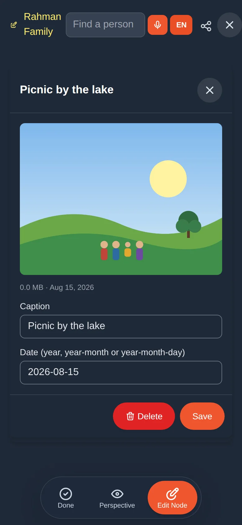 A picture opened full size, with caption and date to edit, and Delete and Save
