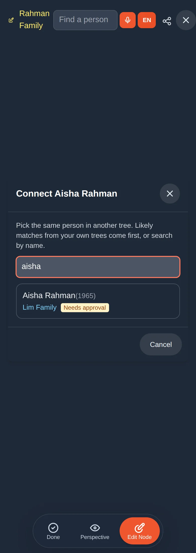 Searching for "aisha": a match in the Lim Family tree, which needs approval