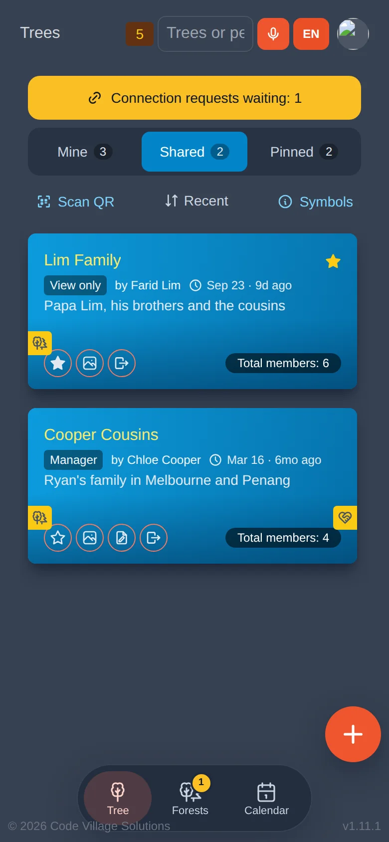 The Shared tab: trees relatives shared with you