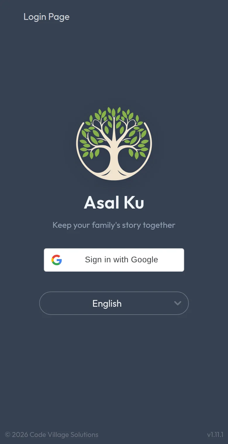 The sign-in screen. The language list under the button changes the language of the whole app.