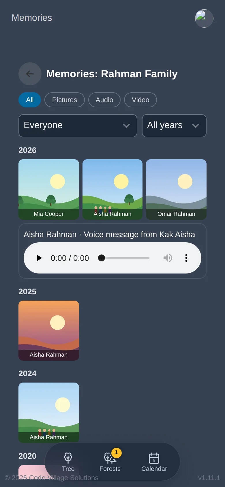 Memories of the Rahman Family, grouped by year