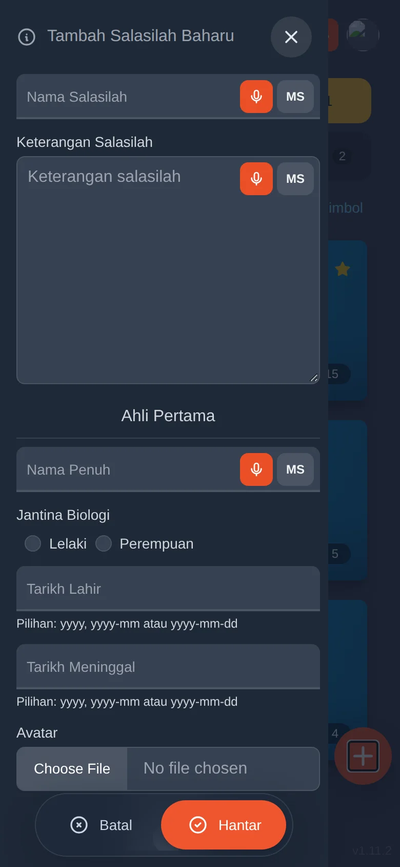 Borang Tambah Salasilah Baharu. Mikrofon oren di sebelah setiap kotak membolehkan anda bercakap dan bukannya menaip.