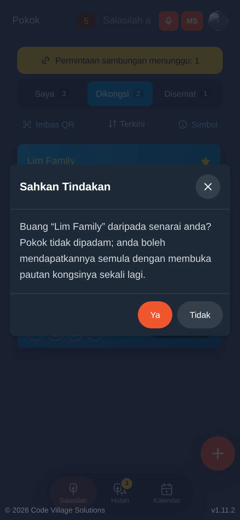 "Buang 'Lim Family' daripada senarai anda?" Salasilah itu sendiri tidak dipadam