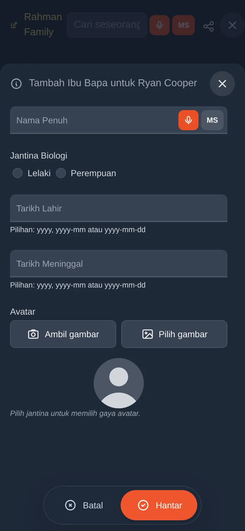 Tambah Ibu Bapa untuk Ryan Cooper. Jika belum ada ibu atau bapa, anda memilih jantina.