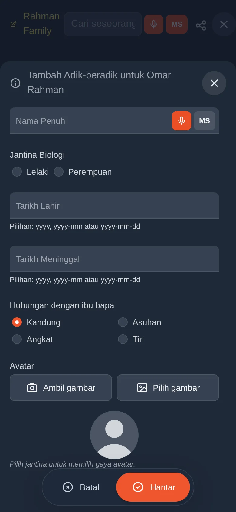 Borang untuk abang atau kakak/adik baharu. Ibu bapa diambil daripada orang yang anda pilih.