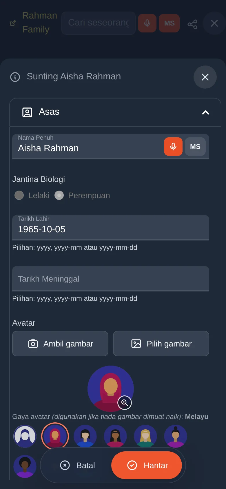 Borang butiran untuk Aisha Rahman. Bahagian Asas mengandungi nama, jantina, tarikh dan gambar; bahagian lain mengandungi butiran tambahan.