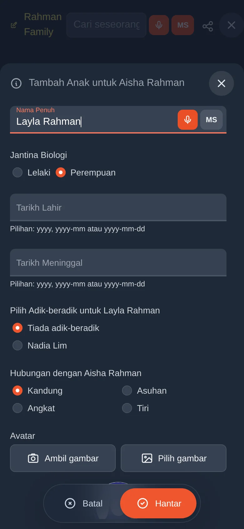 Telah diisi: nama dan jantina cukup untuk bermula