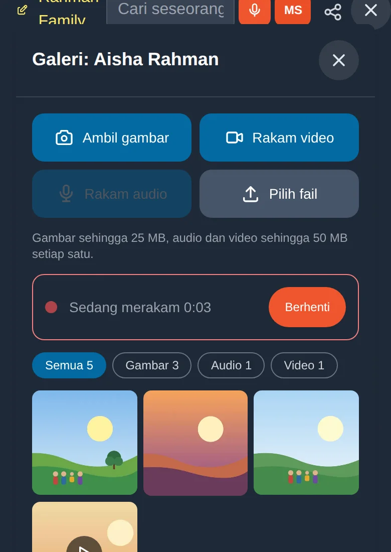 Merakam audio: pemasa berjalan sehingga anda mengetik Berhenti