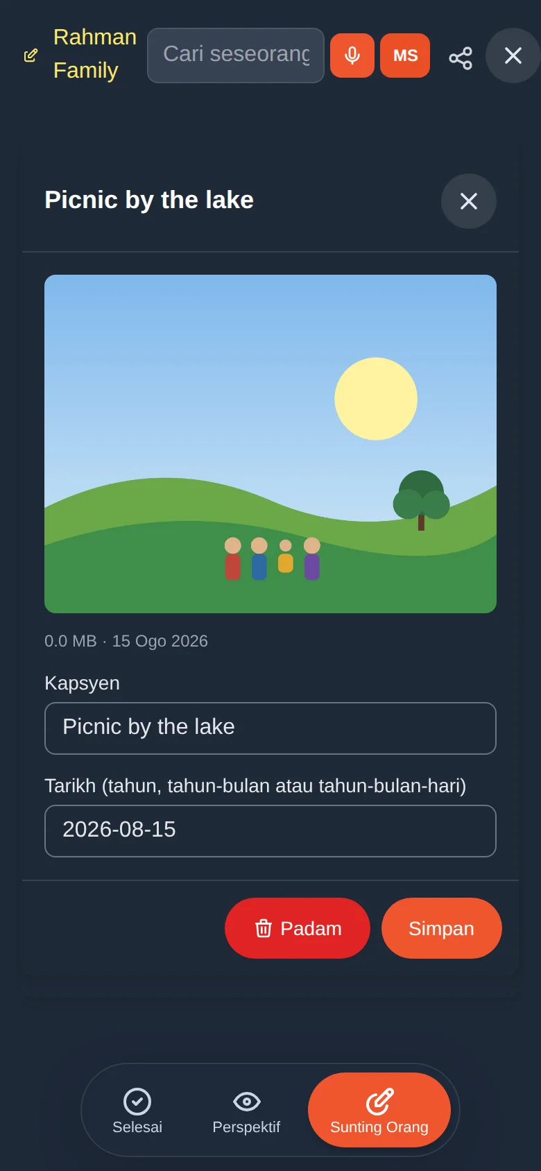 Gambar dibuka saiz penuh, dengan kapsyen dan tarikh untuk disunting, serta Padam dan Simpan
