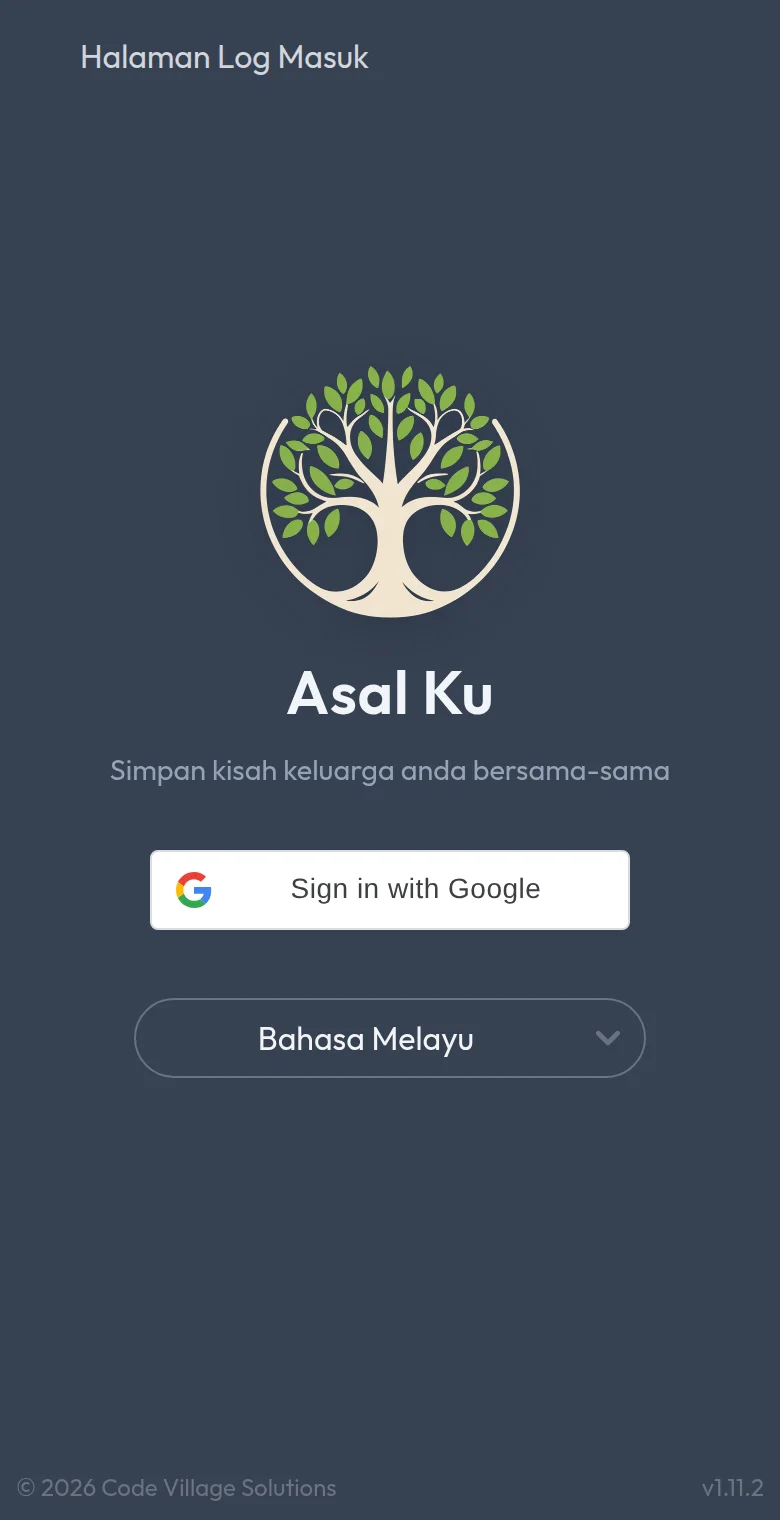 Skrin log masuk. Senarai bahasa di bawah butang menukar bahasa seluruh aplikasi.