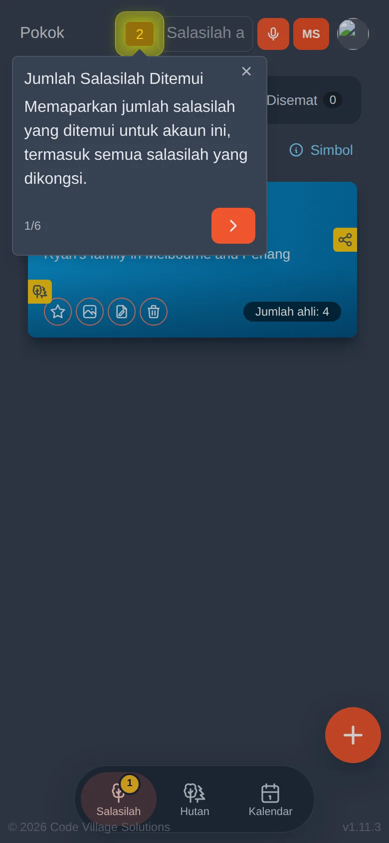 Tip yang menunjuk ke bilangan pokok. 1/6 bermakna ia tip pertama daripada enam.
