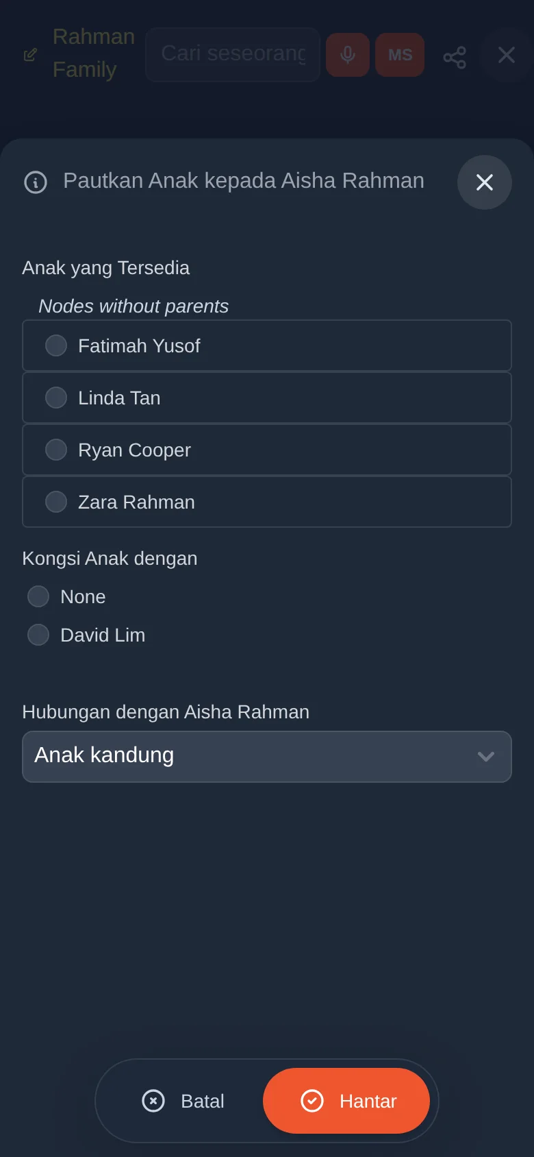 Pautkan anak sedia ada kepada Aisha Rahman