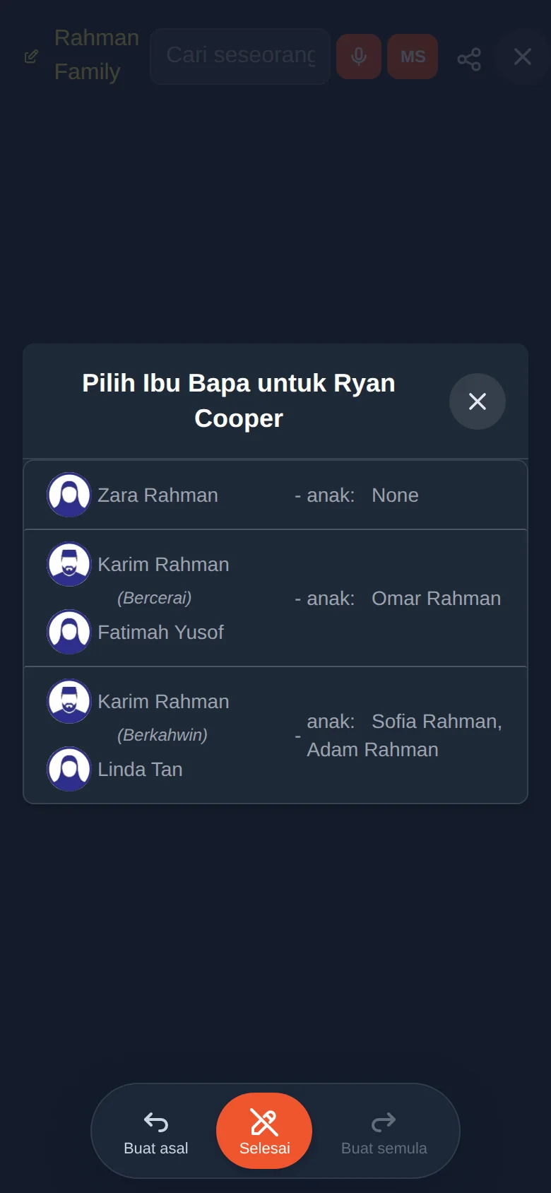 Pilih ibu bapa atau pasangan untuk Ryan Cooper daripada senarai