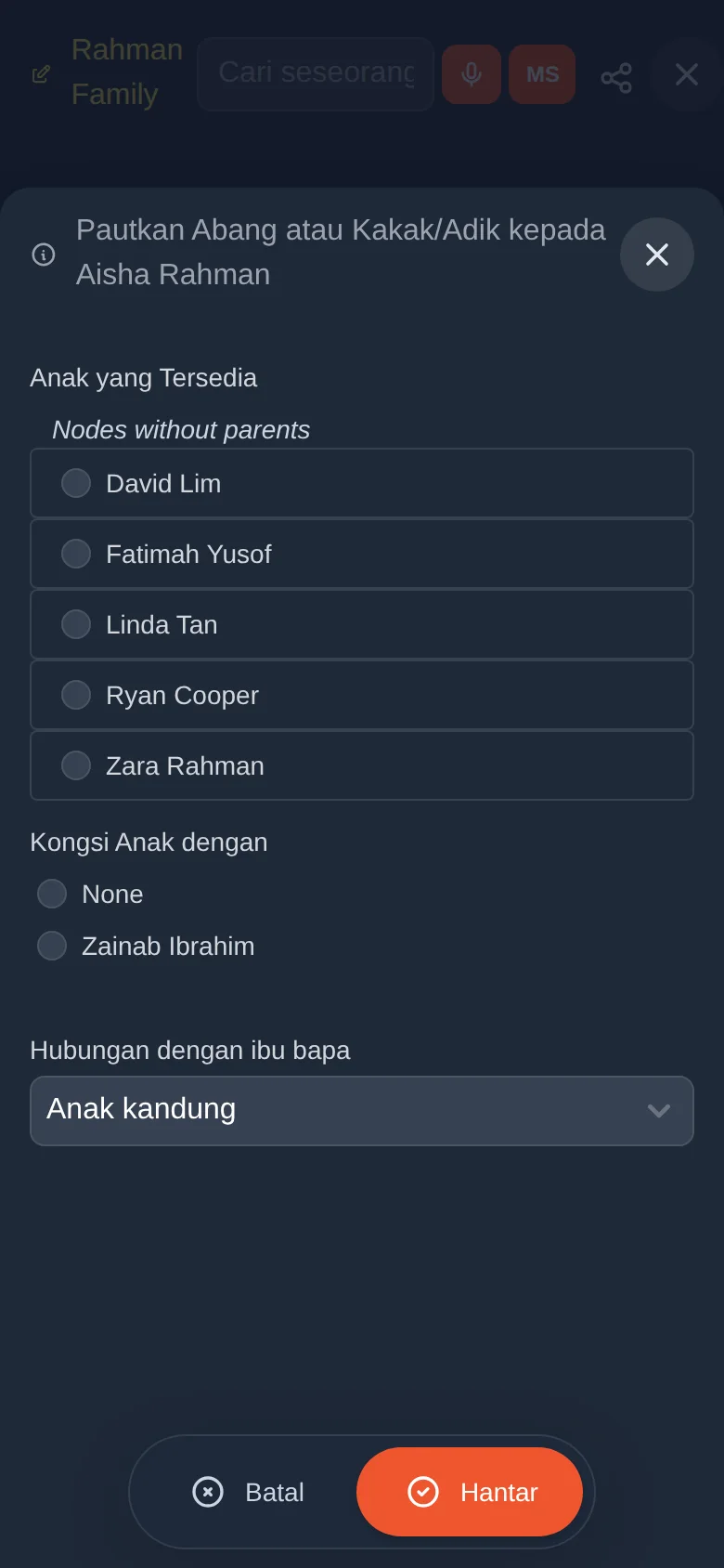 Memautkan abang atau kakak/adik kepada Aisha melalui bapanya Hassan