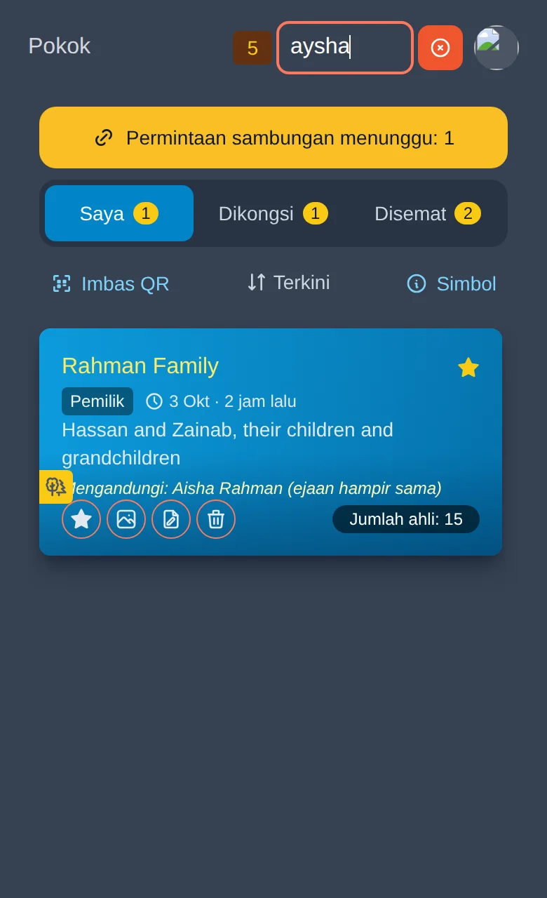 Mencari "aysha" menemui Aisha Rahman dalam salasilah Rahman Family
