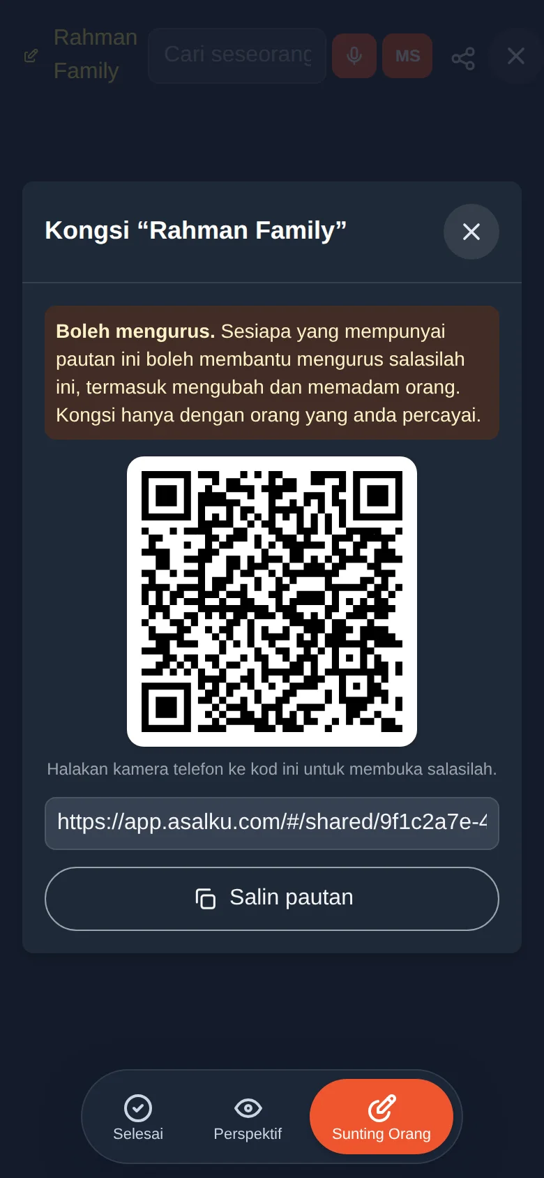 Pengurus: sesiapa yang mempunyai pautan boleh membantu mengurus. Kongsi hanya dengan orang yang anda percayai.