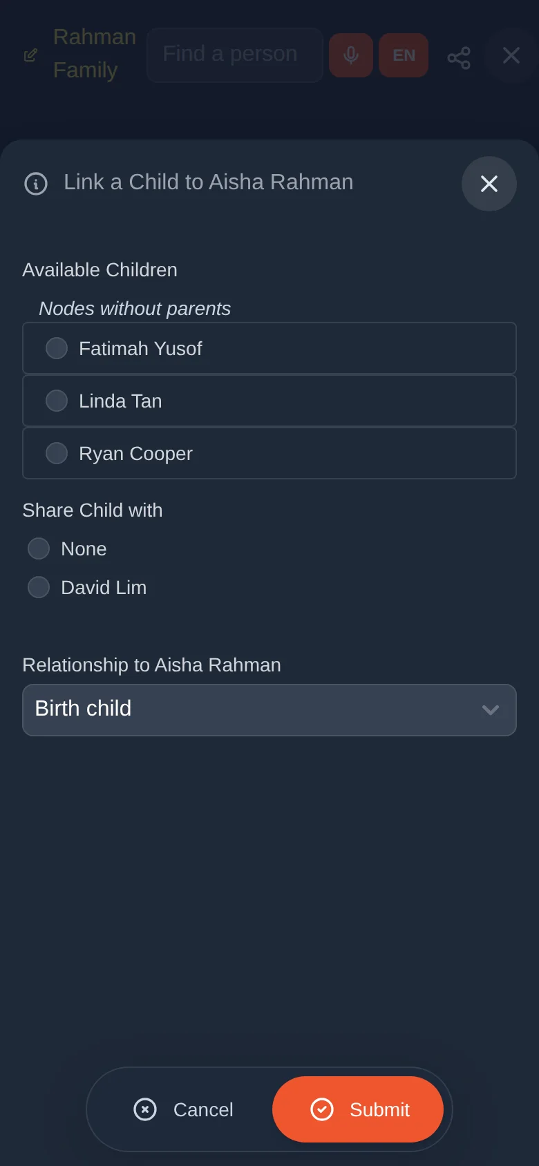Link an existing child to Aisha Rahman