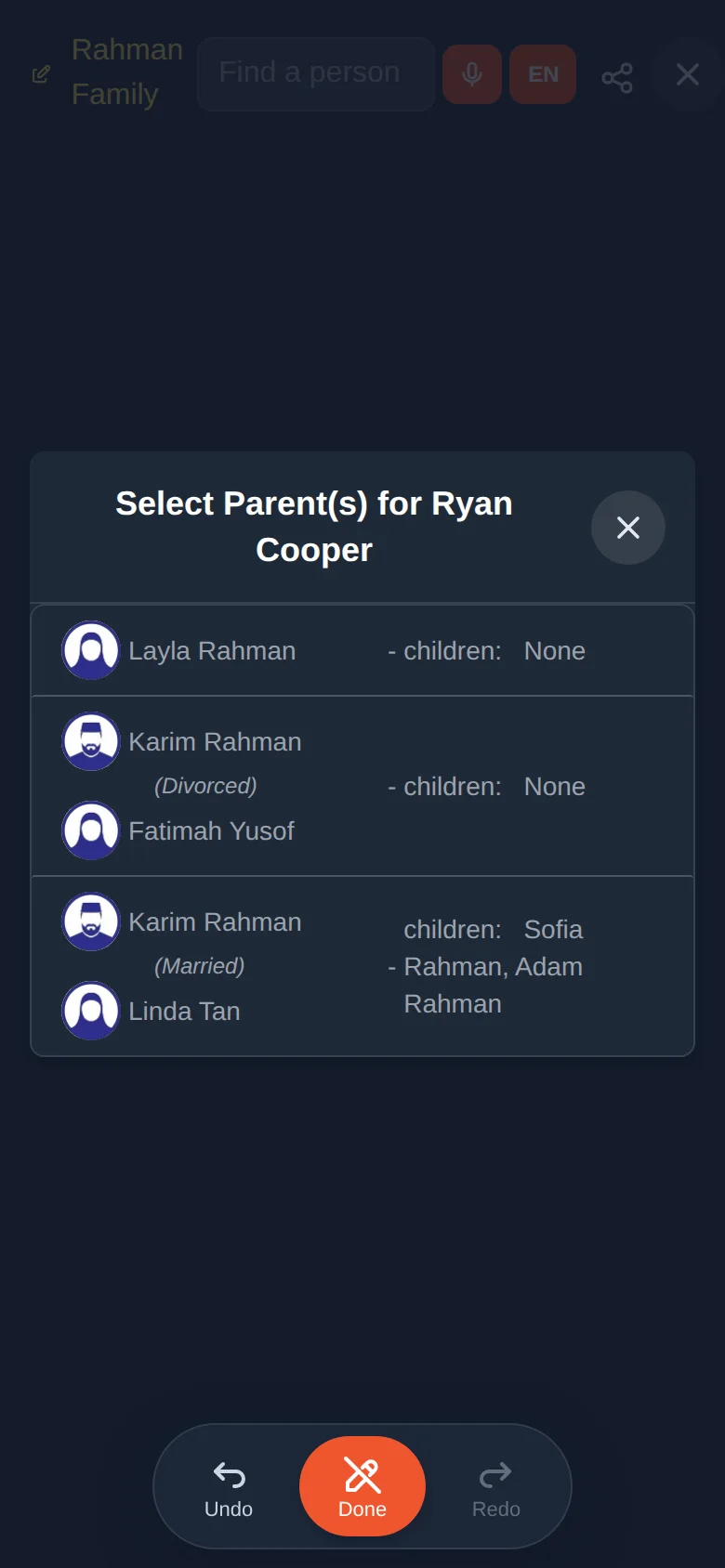 Select the parent or couple for Ryan Cooper from the list