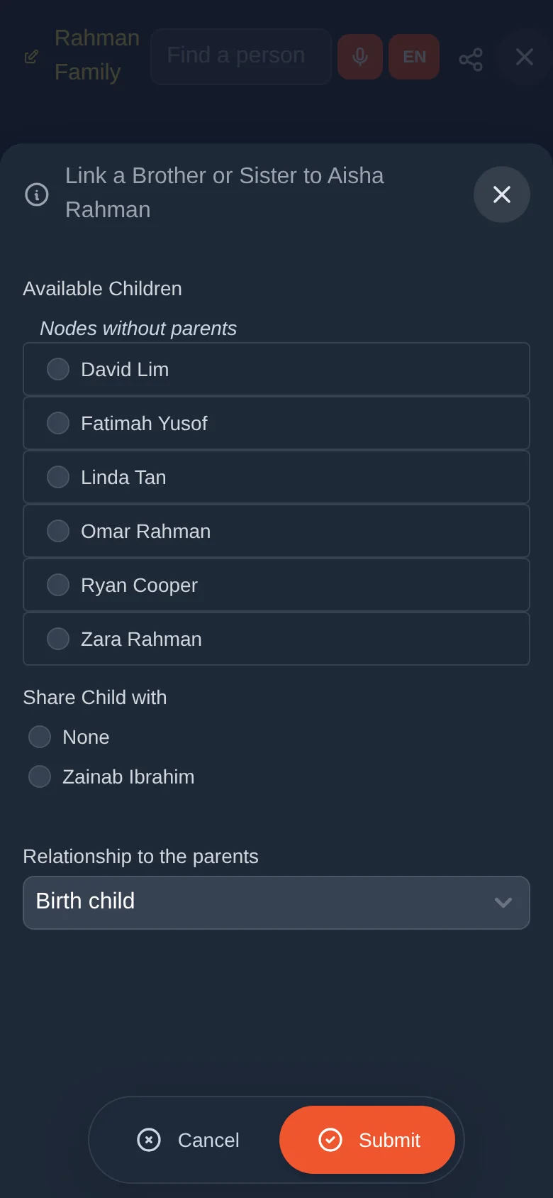 Linking a brother or sister to Aisha through her father Hassan