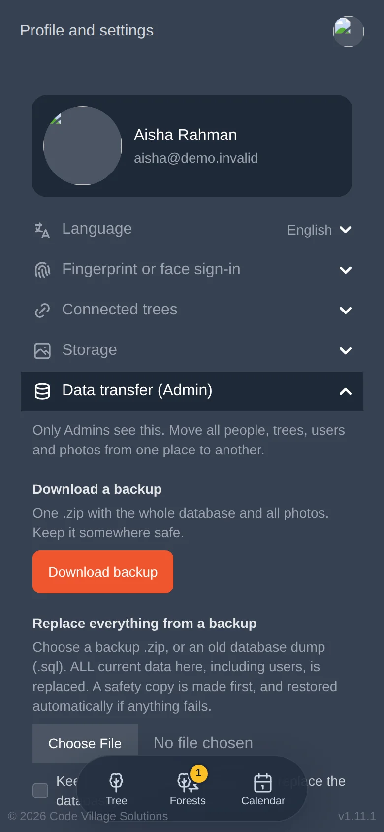 Data transfer, visible to administrators only