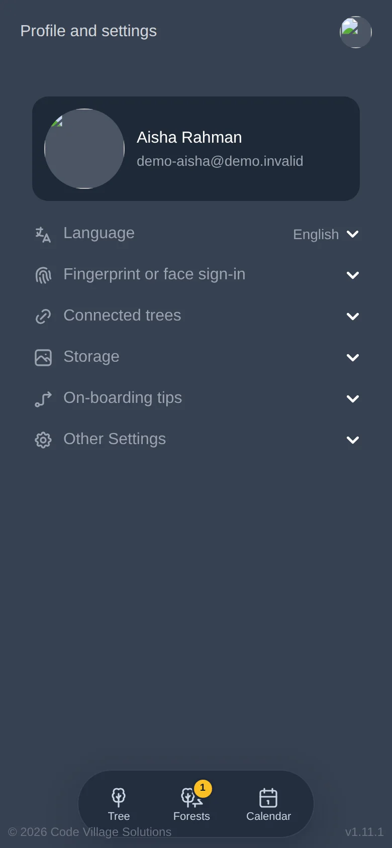 Profile and settings. The language you are using is shown on the Language line.