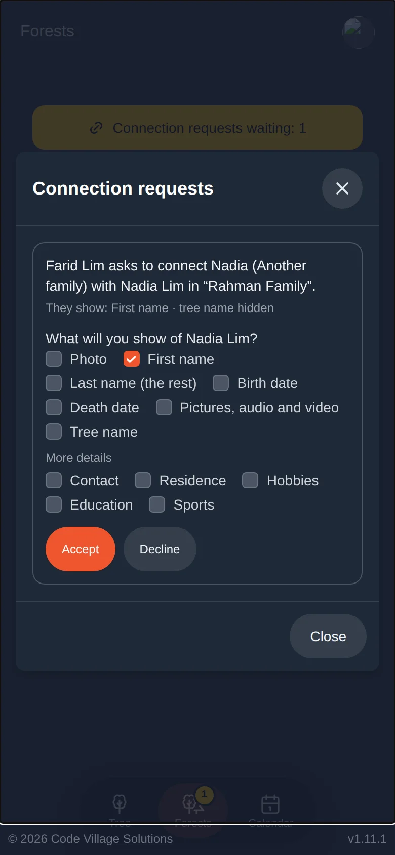 The request: they choose what to show, then accept or decline
