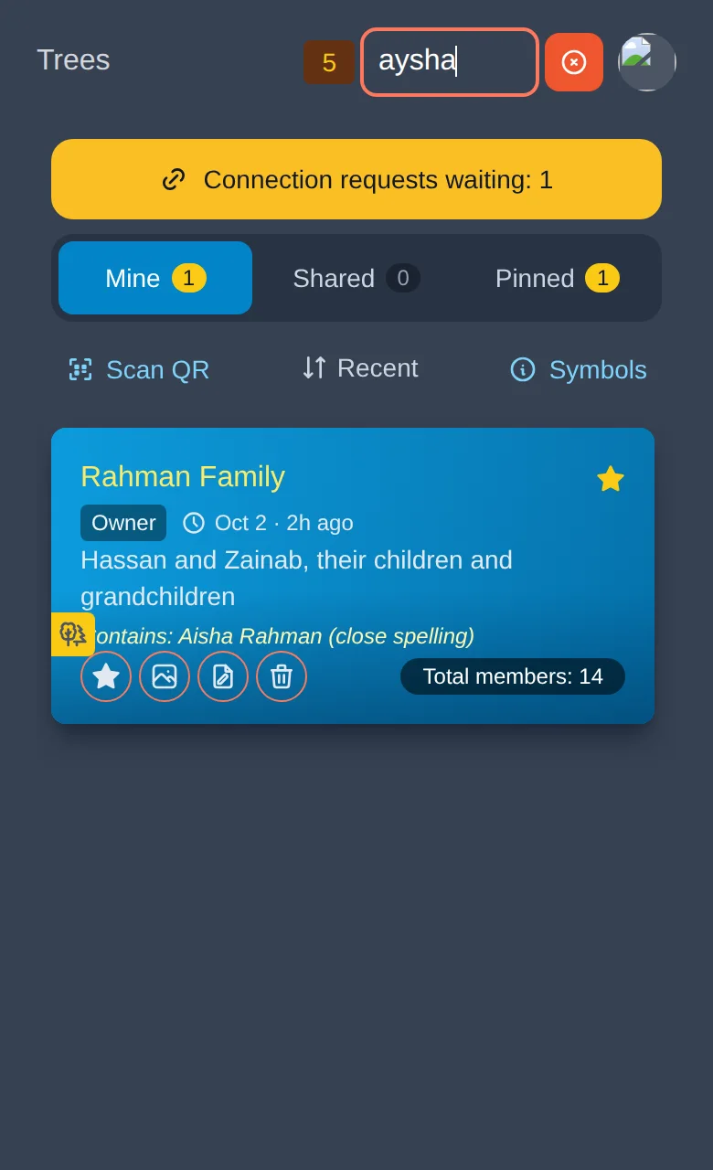 Searching for "aysha" finds Aisha Rahman inside the Rahman Family tree