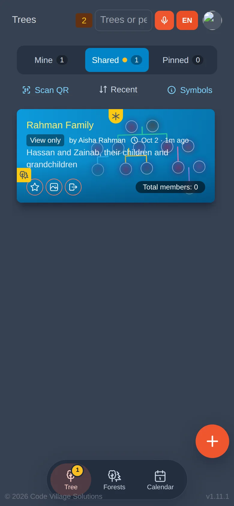 After accepting: the tree appears on the relative's Shared tab with "View only", marked new