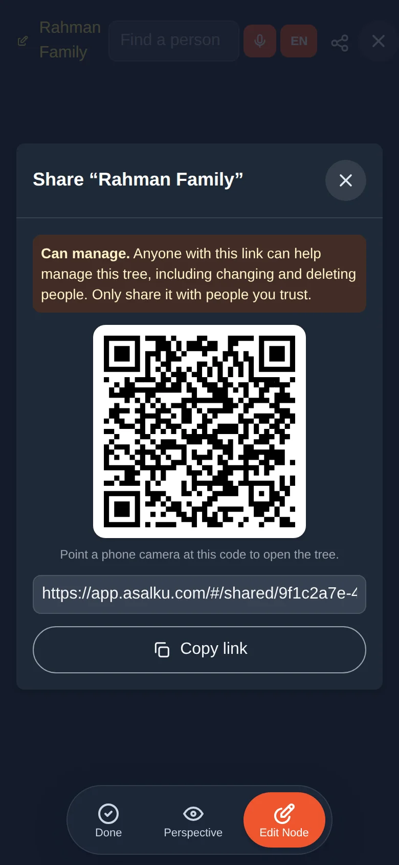 Manager: anyone with the link can help manage. Only share with people you trust.