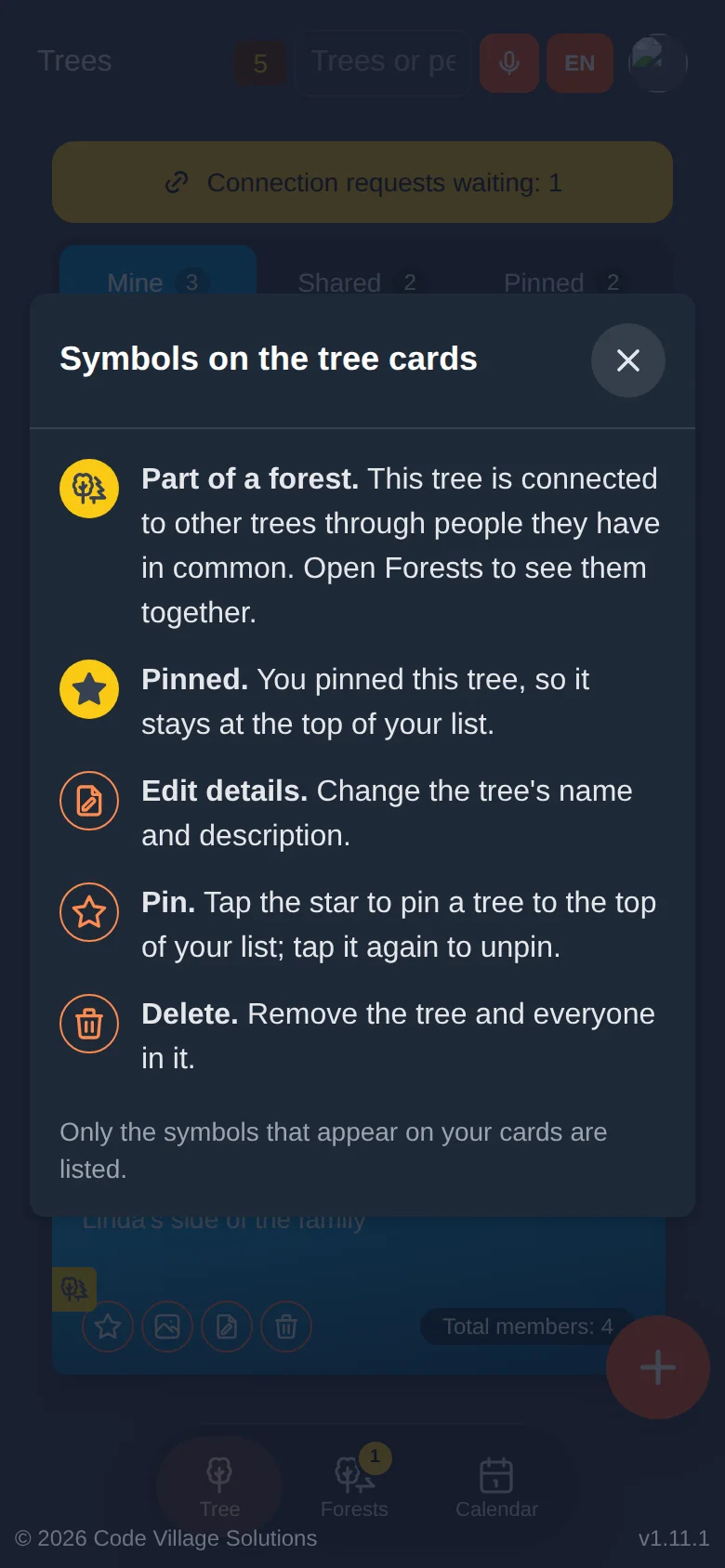 The Symbols guide, listing the badges shown on your cards